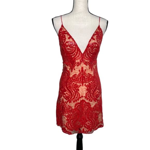 FREE PEOPLE Red Night Shimmer Mini Dress. Size 10 - Picture 2 of 7